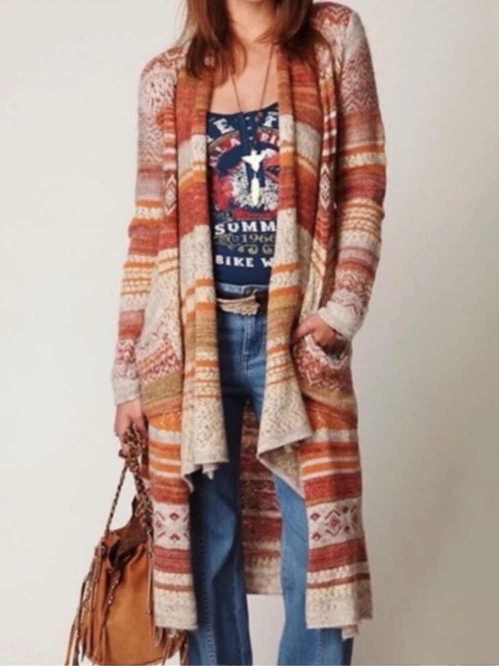 Free People Rust Fair Isle Nordic Long Duster Cardigan, XS